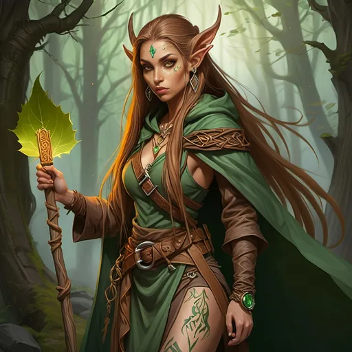 Prompt: Woman, female half elf, sorceress, ruddy medium complexion, light brown long straight hair, bound with multiple clasps in a really long pony tail; jewelry, earrings, tattoos of sacred runes, golden brown eyes, holding gnarled staff of bleached wood with a gem set into the top, leaf green cloak and hood, brown belt and pouches, brown boots, dagger and wand secured to belt, tan leather corset, highest resolution, gothic, fantasy, ultra detail, ultra realism, giving a lecture in a dark medieval Taverne.