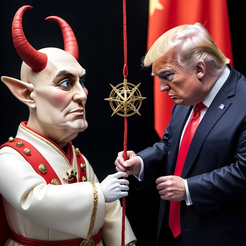 Prompt: Dark,  gothic, demonic, satanic, luciferian; a 'horned Donald Trump puppet on strings' being controlled by a 'horned satan puppet on strings' being controlled by a 'horned pope puppet on strings', being controlled by a 'horned Vladimir Putin puppet on strings', being controlled by Xi of China, who holds ALL THE STRINGS.