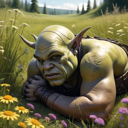 Prompt: A dead acephelous ogre missing his head, arrows sticking out of him, laying on his back in a meadow of tall grasses and wildflowers, gothic, fantasy, ultra realism, ultra detail, bright sunshine,