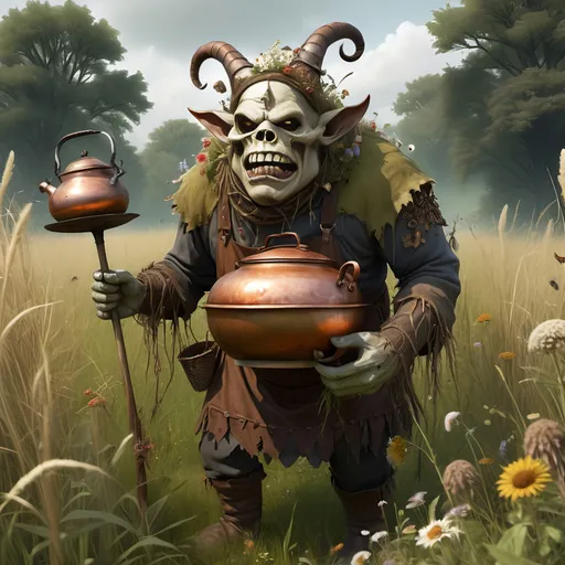 Prompt: An evil looking light skinned ogre ornamented in skulls and scalps, carrying bowls and spoons made of bone,
In a meadow with tall grasses and briars, wildflowers, buzzing insects and ticks,
A scary warty skinned ruddy caucasian complected  ogre Chef wearing a copper kettle on his head, dressed in ragged and worn Renaissance garb with slit sleeves and pantaloons with plentiful patches and repairs, quartered dark yellow & green , carrying a belt encumbered with skulls, scalps, several wooden spoons and copper ladles and bowls made of bone, and goblets made of skulls, one nostril in his nose, 
Strawberry blonde hair, and fierce unfriendly expression on his face, out looking to find meat and spices to curry the favor of his Jarl.