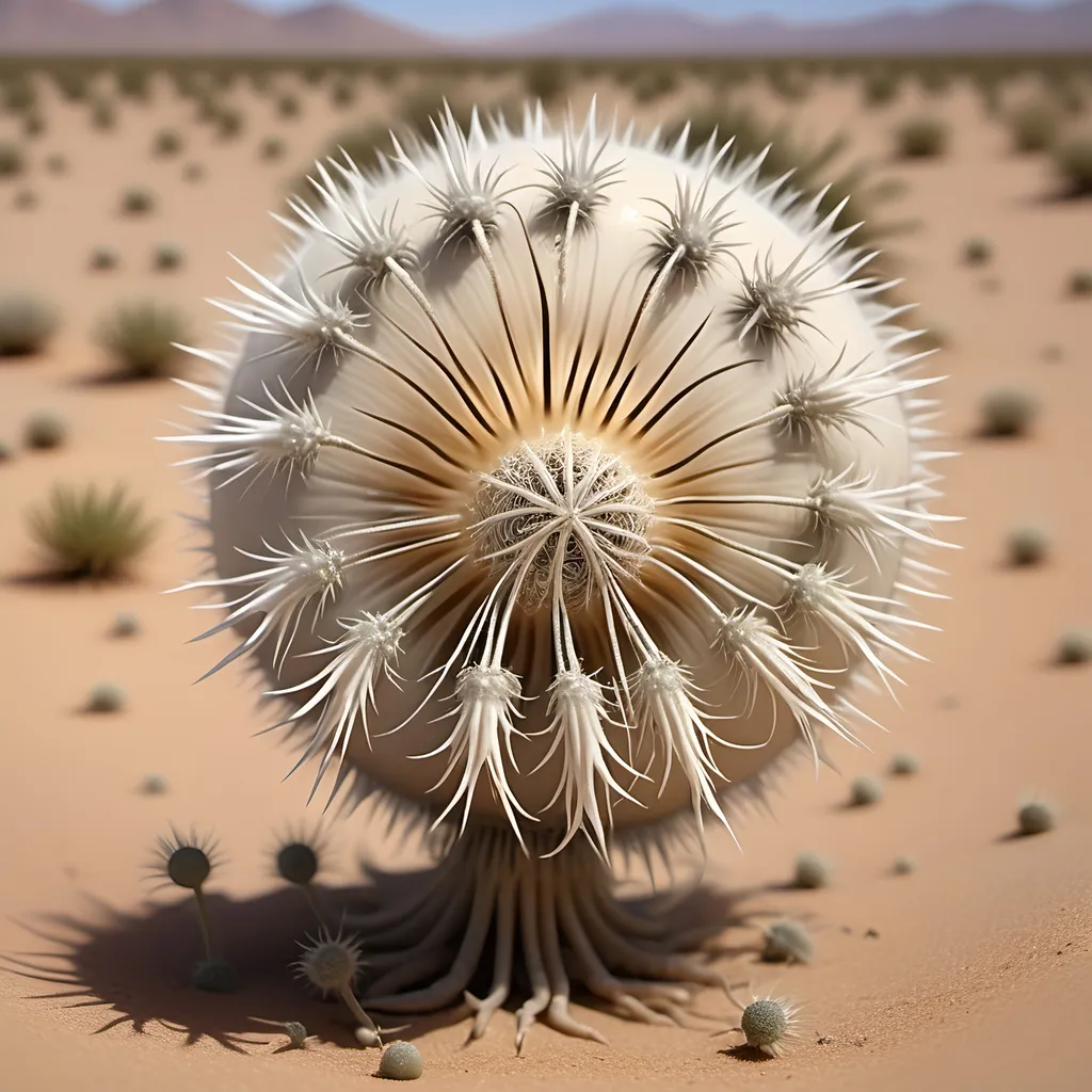 Prompt: Barren desert crawling with countless large hundred limbed insects which resemble spherical anemones, that are rolling and tumbling across the flat parched desert in search of prey, like sentient tumbleweeds, with very small circular bodies with a central toothed orifice surrounded by hundreds of long legs which all terminate it sharp points, like an ambulate sentient thistle, that uses it's thousands of long pointy legs to puncture, gorging on the blood and fluids of its prey.
Hundred eyes and thousands of legs.
Dark skies.