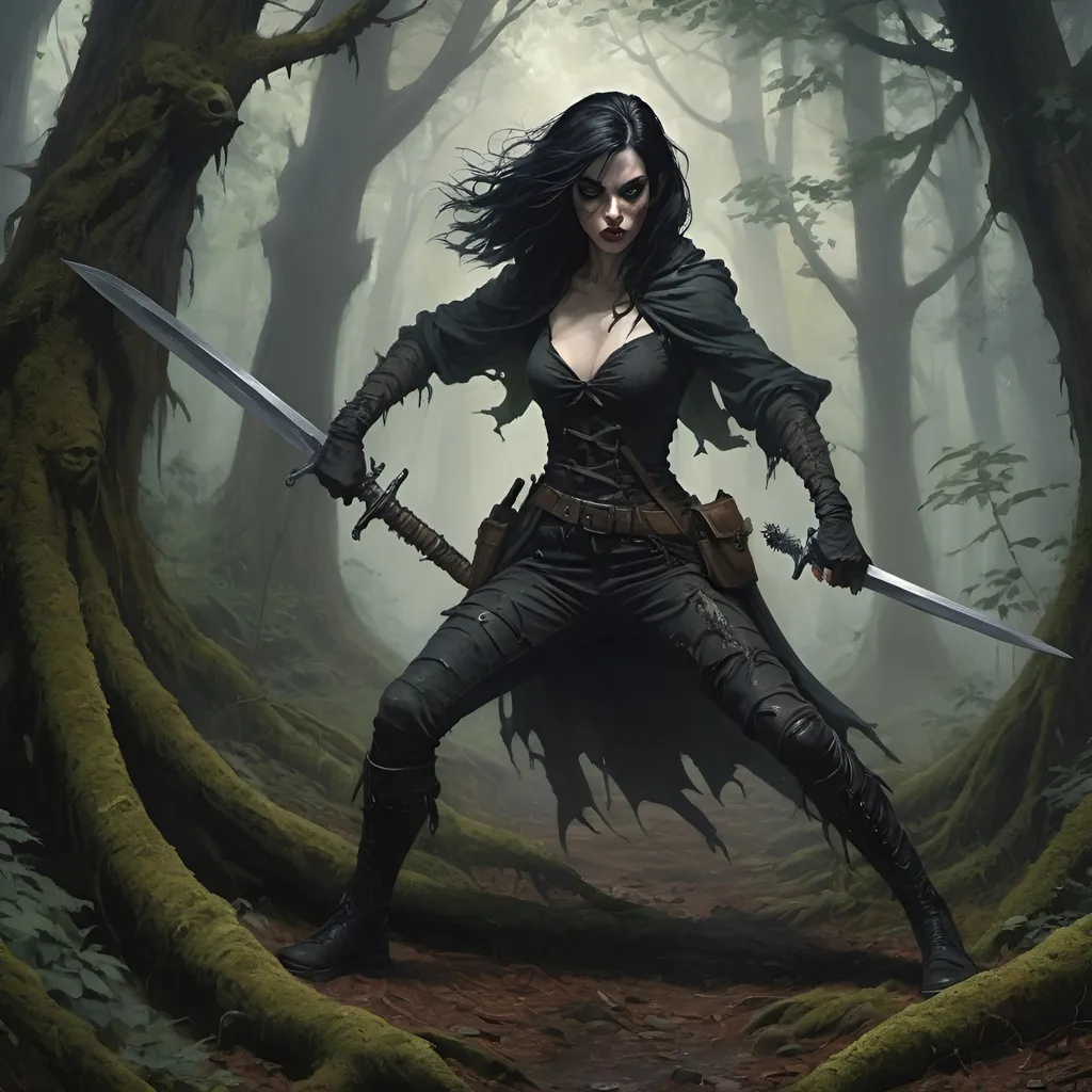 Prompt: [A raven haired, pale complected heroic gothic female person is lunging with a long sword in her right hand and a dagger reversed in her left] she is lunging at a goblin in ragged dirty clothing who is threatening her with a rusty dagger.
They are in a dark and shadowy original growth forest, with twisted gnarly hemlock trees and twisted gnarly lichen covered roots everywhere, beneath an overgrown misty forest canopy,