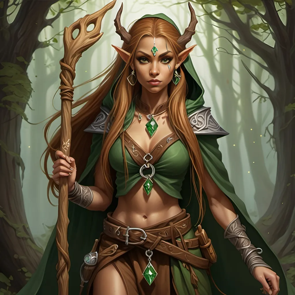 Prompt: Woman, female half elf, sorceress, ruddy medium complexion, light brown long straight hair, bound with multiple clasps in a really long pony tail; jewelry, earrings, tattoos of sacred runes, golden brown eyes, holding gnarled staff of bleached wood with a gem set into the top, leaf green cloak and hood, brown belt and pouches, brown boots, dagger and wand secured to belt, tan leather corset, highest resolution, gothic, fantasy, ultra detail, ultra realism, giving a lecture in a dark medieval Taverne.