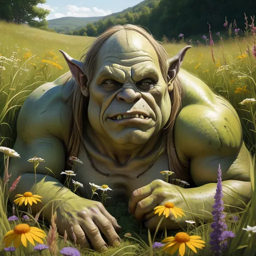 Prompt: A dead acephelous ogre, laying in a meadow of tall grasses and wildflowers, gothic, fantasy, ultra realism, ultra detail, bright sunshine,