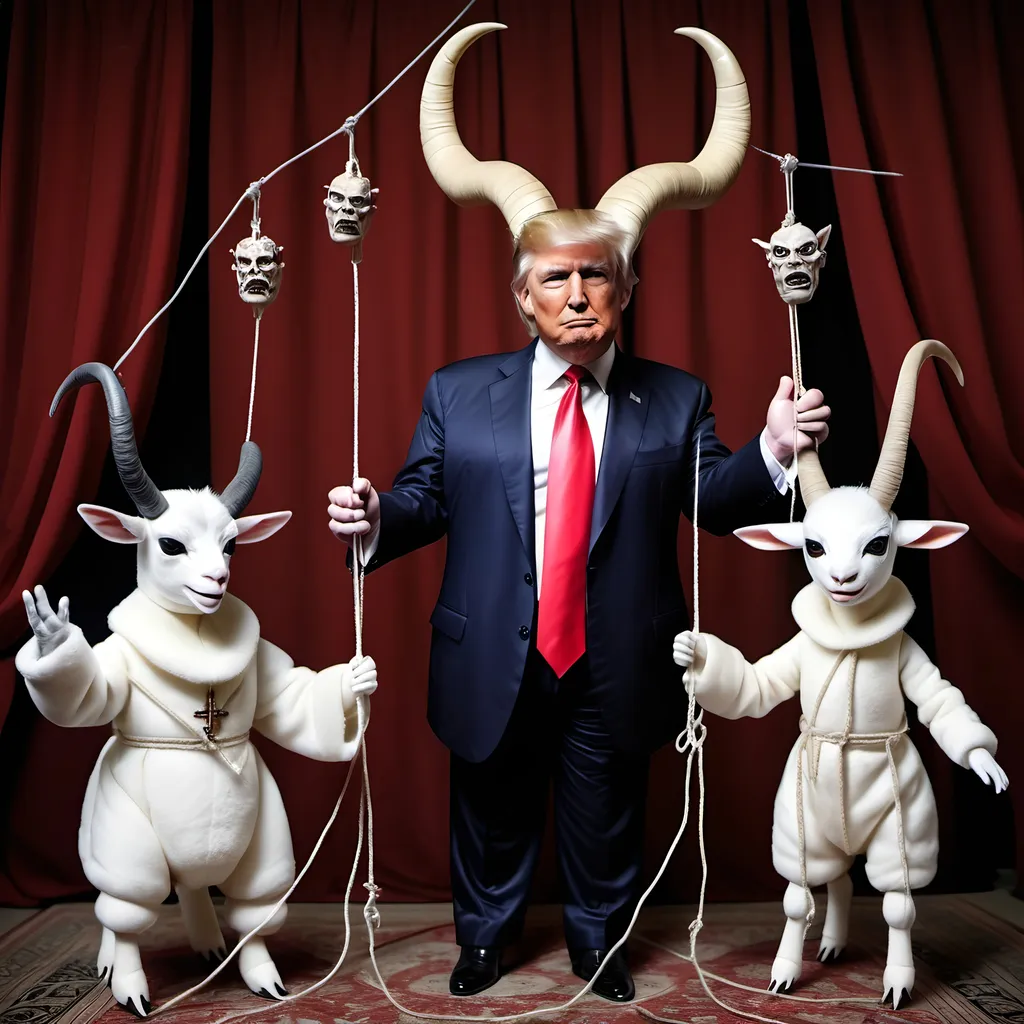 Prompt: Dark,  gothic, demonic; a 'horned Donald Trump puppet on strings' being controlled by a 'horned satan puppet on strings' being controlled by a 'horned pope puppet on strings', being controlled by a 'horned Vladimir Putin puppet on strings', being controlled by Xi of China, who holds ALL THE STRINGS.
Goats, lots and lots of goats...