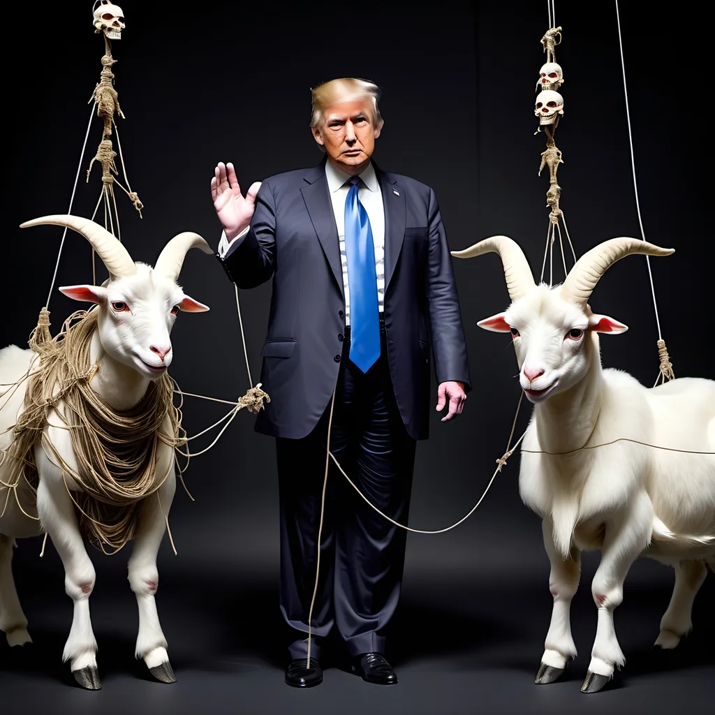 Prompt: Dark,  gothic, demonic; a 'horned Donald Trump puppet on strings' being controlled by a 'horned satan puppet on strings' being controlled by a 'horned pope puppet on strings', being controlled by a 'horned Vladimir Putin puppet on strings', being controlled by Xi of China, who holds ALL THE STRINGS.
Goats, lots and lots of goats...