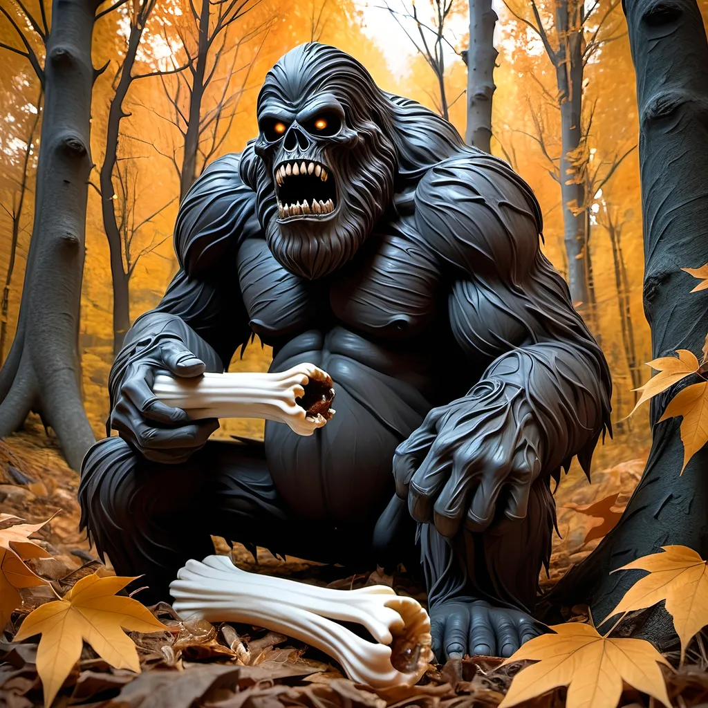 Prompt: Dark, gothic scary, foreboding, menacing, ominous, bright autumn foliage, happy Sasquatch gnawing on a large bone in a twisted and gnarly original growth autumn forest