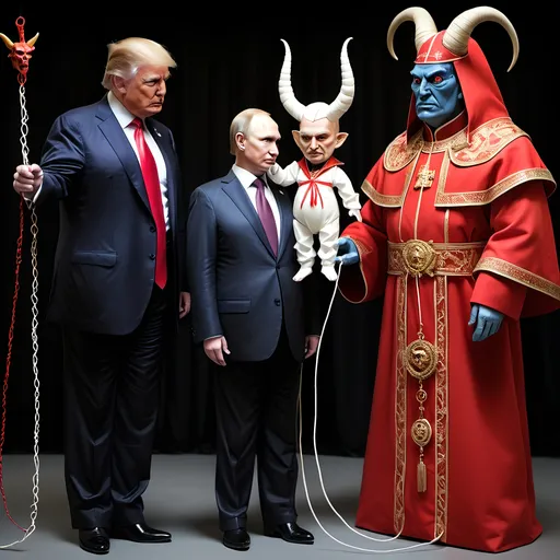 Prompt: Dark,  gothic, demonic, satanic, luciferian; a 'horned Donald Trump puppet on strings' being controlled by a 'horned satan puppet on strings' being controlled by a 'horned pope puppet on strings', being controlled by a 'horned Vladimir Putin puppet on strings', being controlled by Xi of China, who holds ALL THE STRINGS.