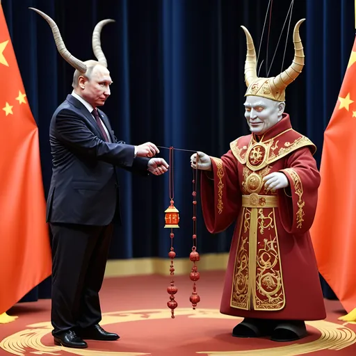 Prompt: Dark,  gothic, demonic; a 'horned satan puppet on strings' being controlled by a 'horned pope puppet on strings', being controlled by a 'horned Vladimir Putin puppet on strings', being controlled by Xi of China, who holds ALL THE STRINGS.