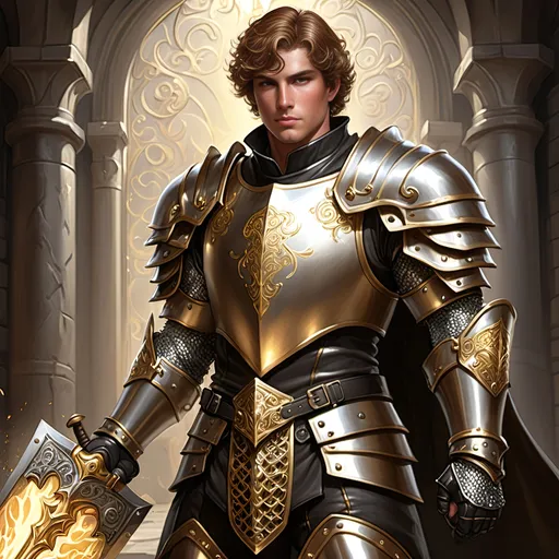 Prompt: [Armando the Golden]
Male paladin, (ultra-detailed) (ultra-realism), brown wavy short cropped hair, rosy cheeks, brown eyes, (bright silver steel breastplate) with (gold inlay and filigree), (shiny steel chainmail shirt), black boots with (sparkling shiny spurs), carrying a huge (double-ended war hammer), dramatic lighting, epic stance, medieval fantasy background, grand atmosphere, (HD quality) pompous, arrogant demeanor and stance, tall, 'broad like a barn', wide shoulders, built like a tank, iconoclastic narcissist.