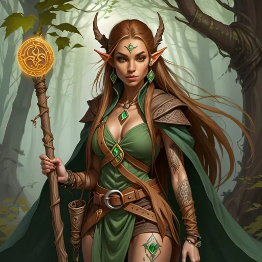 Prompt: Woman, female half elf, sorceress, ruddy medium complexion, light brown long straight hair, bound with multiple clasps in a really long pony tail; jewelry, earrings, tattoos of sacred runes, golden brown eyes, holding gnarled staff of bleached wood with a gem set into the top, leaf green cloak and hood, brown belt and pouches, brown boots, dagger and wand secured to belt, tan leather corset, highest resolution, gothic, fantasy, ultra detail, ultra realism, giving a lecture in a dark medieval Taverne.