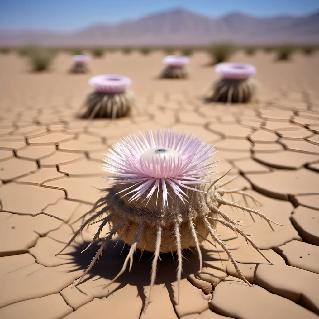 Prompt: Barren desert crawling with countless large hundred limbed insects which resemble spherical anemones, that are rolling and tumbling across the flat parched desert in search of prey, like sentient tumbleweeds, with very small circular bodies with a central toothed orifice surrounded by hundreds of long legs which all terminate it sharp points, like an ambulate sentient thistle, that uses it's thousands of long pointy legs to puncture, gorging on the blood and fluids of its prey.
Hundred eyes and thousands of legs.
Dark skies.