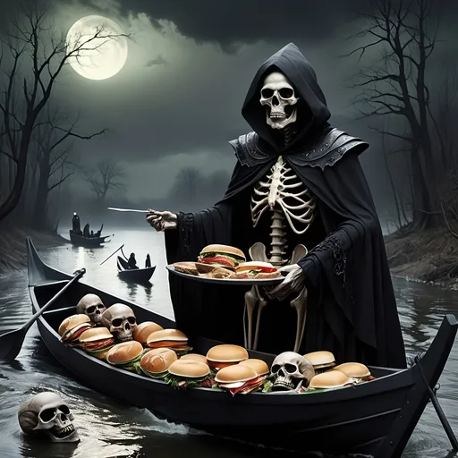 Prompt: (Dark, gothic, infernal, River Styx, Hades;) (Charon, skeletal boat master in a black robe with hood, of the river Styx); escorts a (goblin dressed in ragged dirty clothing who resembles Richard Nixon), to meet with his master on the lower planes, Charon is eating an awesome sandwich that his wife made for him for lunch, and offers a sandwich to the goblin in ratty ragged clothing who resembles Richard Nixon.
Scary, high resolution, ultra detailed, menacing, foreboding, ominous,