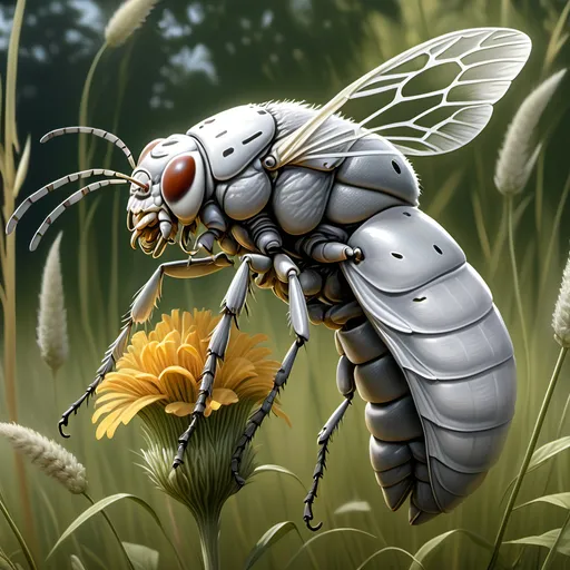 Prompt: In a wild meadow surrounded by tall grasses, briarpatches and wildflowers,
A huge, eight foot tall bloated gray-white cicada larva erupting from the ground and rearing on its hind end legs with its proboscis extended, feeding on Armondo's Warhorse, ultra realism, ultra detail, high definition, high resolution, gothic, fantasy,