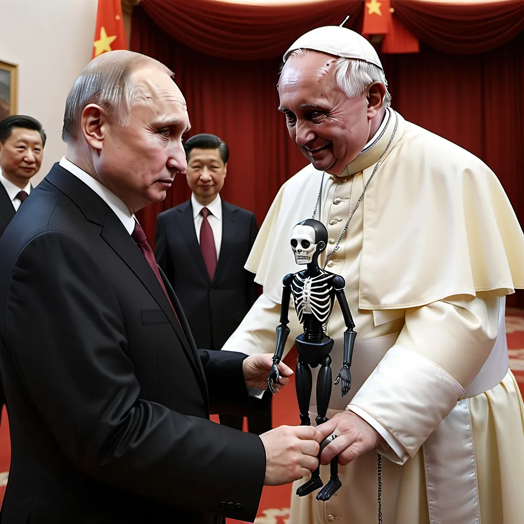 Prompt: Dark and gothic, a 'satan puppet' being controlled by a 'pope puppet', being controlled by a 'Vladimir Putin puppet', being controlled by Xi of China, who hold ALL THE STRINGS.