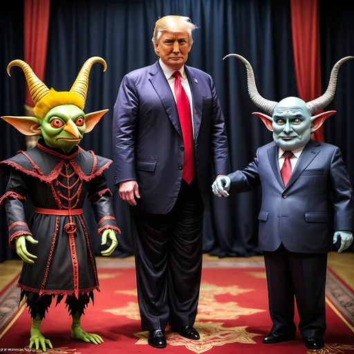 Prompt: Dark,  gothic, demonic, satanic, luciferian; a 'horned Donald Trump puppet on strings' being controlled by a 'horned satan puppet on strings' being controlled by a 'horned pope puppet on strings', being controlled by a 'horned Vladimir Putin puppet on strings', being controlled by Xi of China, who holds ALL THE STRINGS.
Flying Monkeys from Wizard of Oz