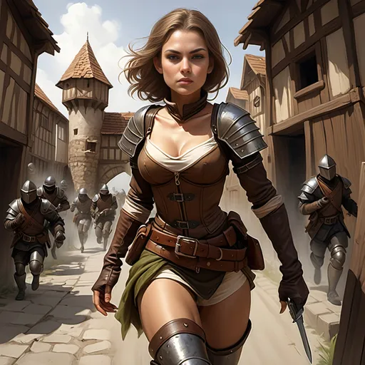 Prompt: [Jena the waif, or rogue]
Running from evil armored town guardsmen who she just robbed, outside the wooden stockade city walls,
Female HUMAN, thief, pickpocket, rogue, wee petite, delicate features, ruddy tan complexion, high brow, prominent widows peak, sandy brown shoulder length hair, hazel eyes, prominent but effeminate chin, drab ragged layers of clothing, very inconspicuous, disarming presence, hidden daggers in clothing, minimal jewelry, arm bangles, ornamental stone necklace charm, young, tomboyish, rugged, cute, ornery, fey demeanor, lucky and confident, dark, gothic, fantasy, ultra detail, ultra realism