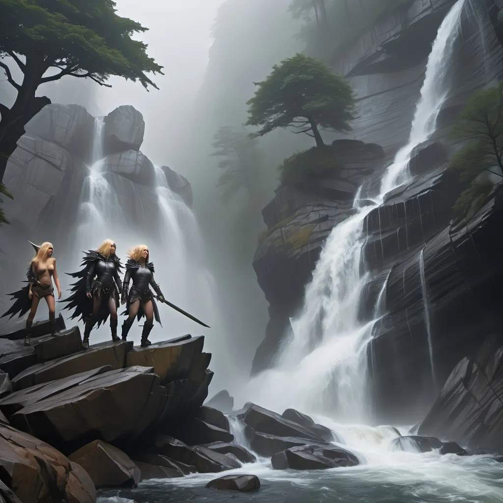 Prompt: Top of a misty torrential waterfall looking down  a rugged, rocky cliff into a turbulent pool of rocks, mist and spray. Dark, gnarly original growth hemlock trees.
A blonde human female in chainmail and a horned helmet, a raven haired human female clad in black, a male halfling, a female halfling, a brown haired female half elf, and a goblin, are all climbing the rocks.
As they climb to the top of the waterfall, the goblin falls and is lost in the mist and water below.