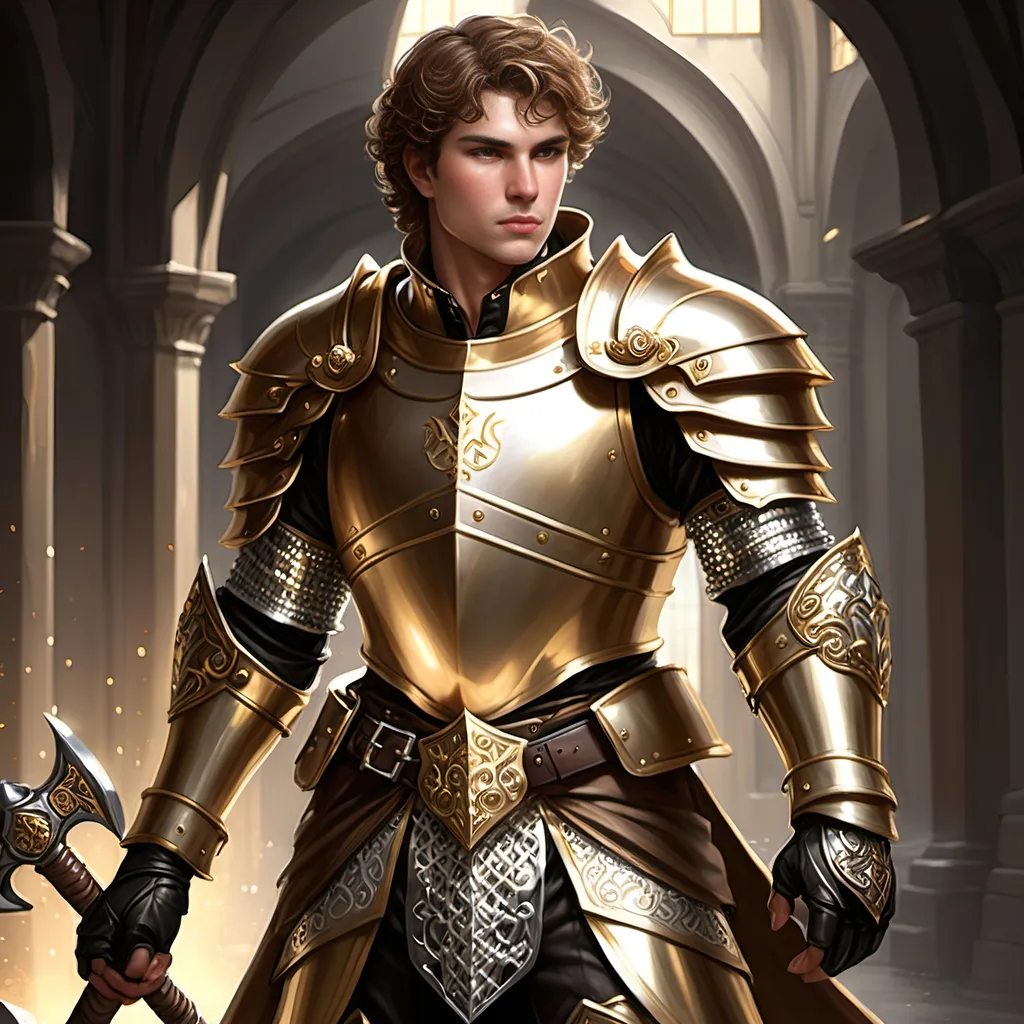 Prompt: [Armando the Golden]
Male paladin, (ultra-detailed) (ultra-realism), brown wavy short cropped hair, rosy cheeks, brown eyes, (bright silver steel breastplate) with (gold inlay and filigree), (shiny steel chainmail shirt), black boots with (sparkling shiny spurs), carrying a huge (double-ended war hammer), dramatic lighting, epic stance, medieval fantasy background, grand atmosphere, (HD quality) pompous, arrogant demeanor and stance, tall, 'broad like a barn', wide shoulders, built like a tank, iconoclastic narcissist.