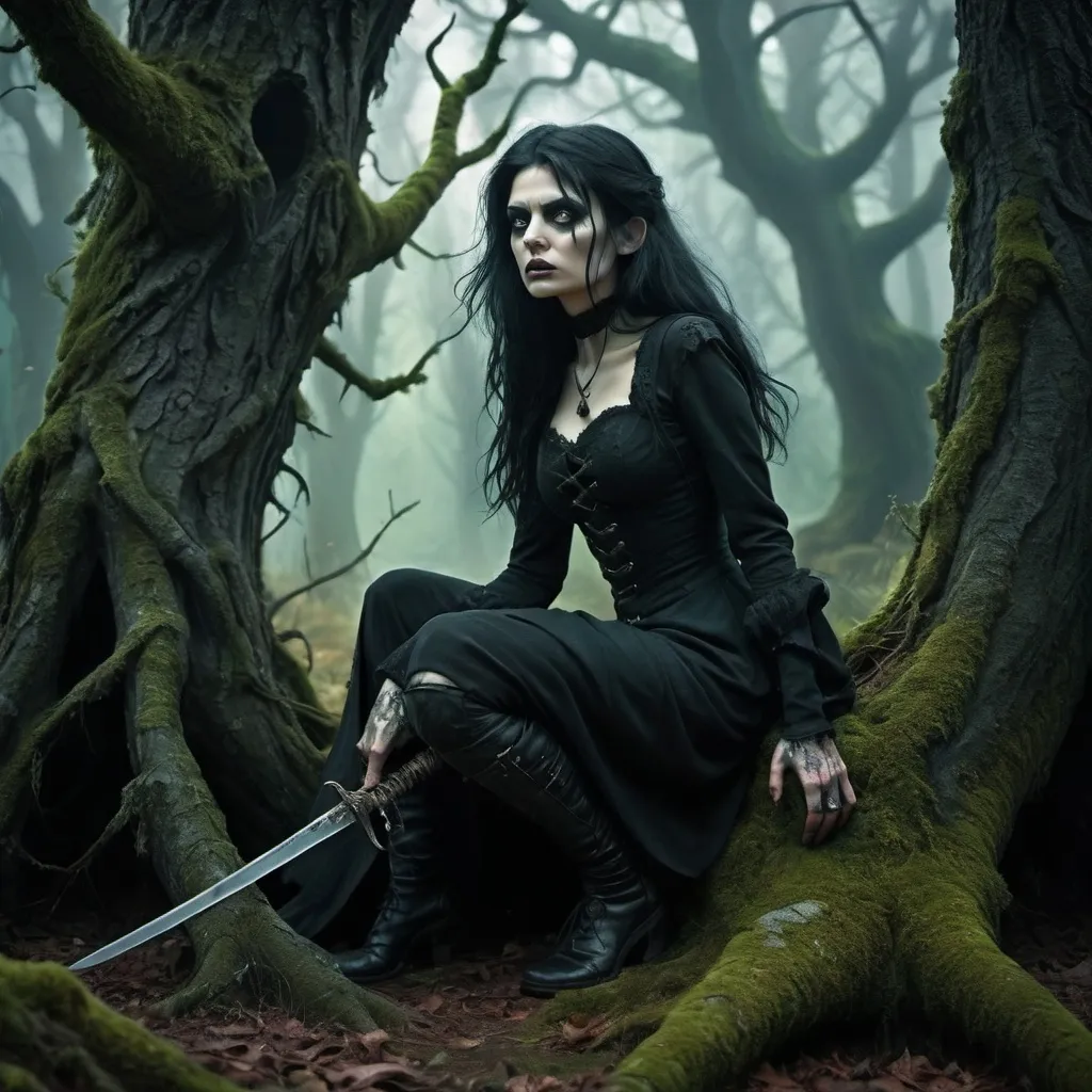 Prompt: (fantasy scene) tall black-haired heroic gothic female figure in dark attire, standing, fierce expression, menacing yet captivating, short cowardly goblin on knees, fear in his eyes, sword poised at throat, huge twisted, gnarly trees with vivid lichen wrapping around them, shadowy and atmospheric ambiance, deep greens and blacks, enchanted yet grim setting, (ultra-detailed) (HD)