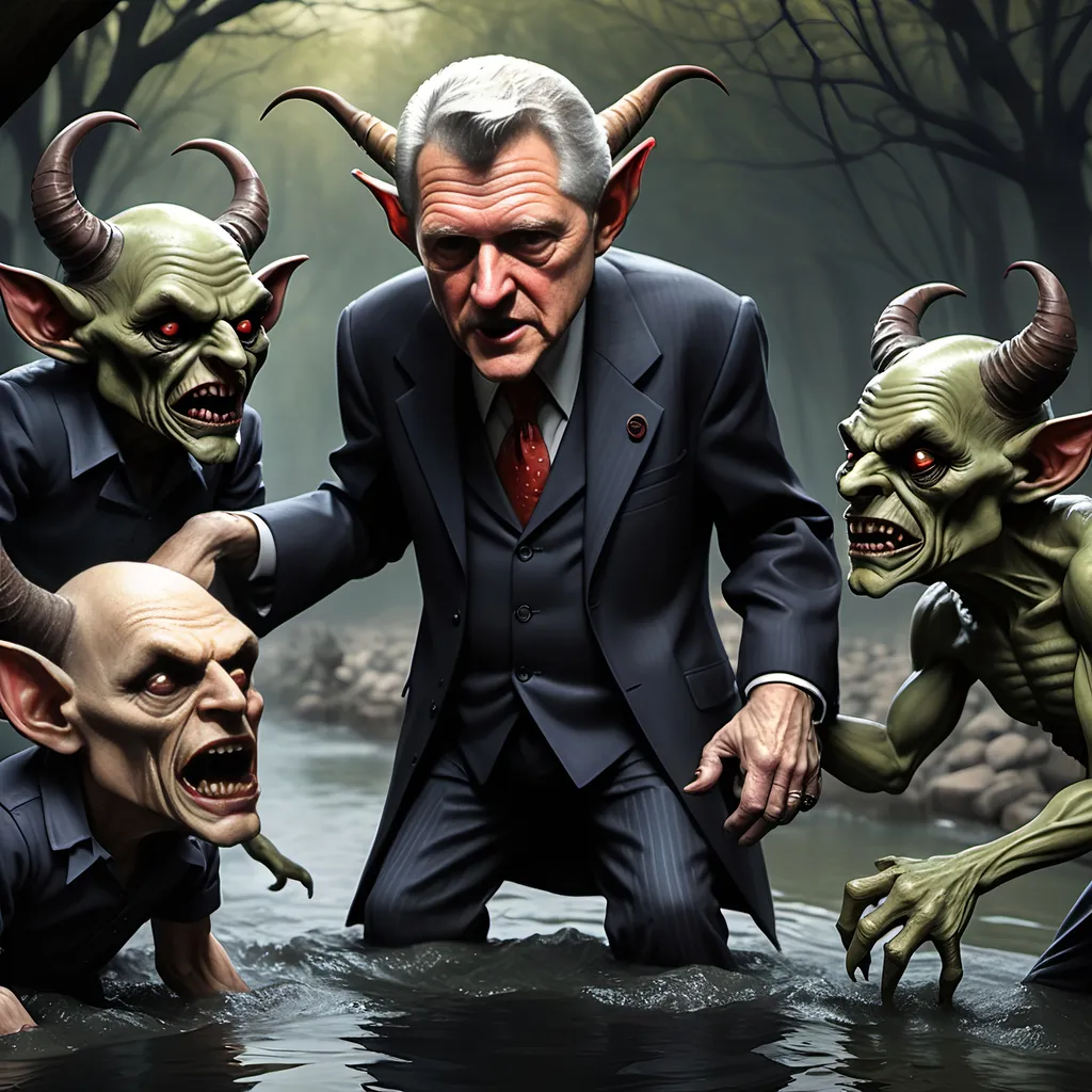 Prompt: River Styx, dark, infernal, gothic, ominous; minor Devil with horns and hooves who resembles Bill Clinton; has a chat with a goblins in ragged, ratty clothing who resembles Richard Nixon.
Ultra detail, ultra realistic.