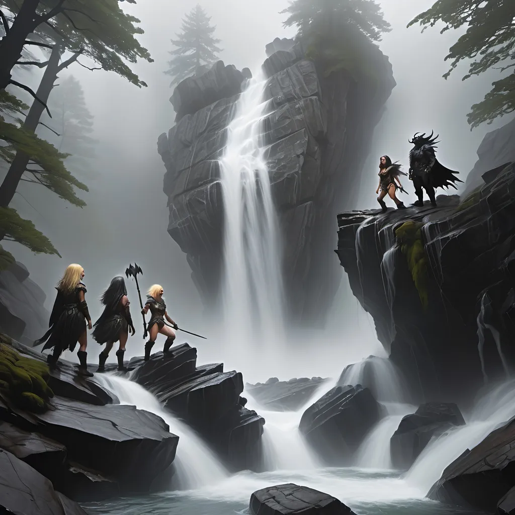 Prompt: Top of a misty torrential waterfall looking down  a rugged, rocky cliff into a turbulent pool of rocks, mist and spray. Dark, gnarly original growth hemlock trees.
A blonde human female in chainmail and a horned helmet, a raven haired human female clad in black, a male halfling, a female halfling, a brown haired female half elf, and a goblin, are all climbing the rocks.