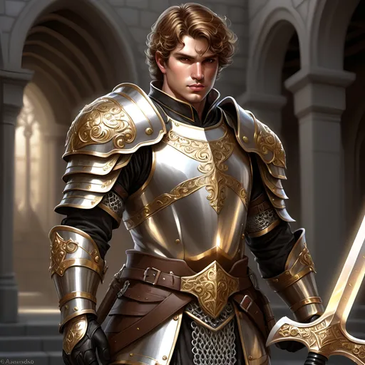 Prompt: [Armando the Golden]
Male paladin, (ultra-detailed) (ultra-realism), brown wavy short cropped hair, rosy cheeks, brown eyes, (bright silver steel breastplate) with (gold inlay and filigree), (shiny steel chainmail shirt), black boots with (sparkling shiny spurs), carrying a huge (double-ended war hammer), dramatic lighting, epic stance, medieval fantasy background, grand atmosphere, (HD quality) pompous, arrogant demeanor and stance, tall, 'broad like a barn', wide shoulders, built like a tank, iconoclastic narcissist,
Resembles Mike Pompeo.