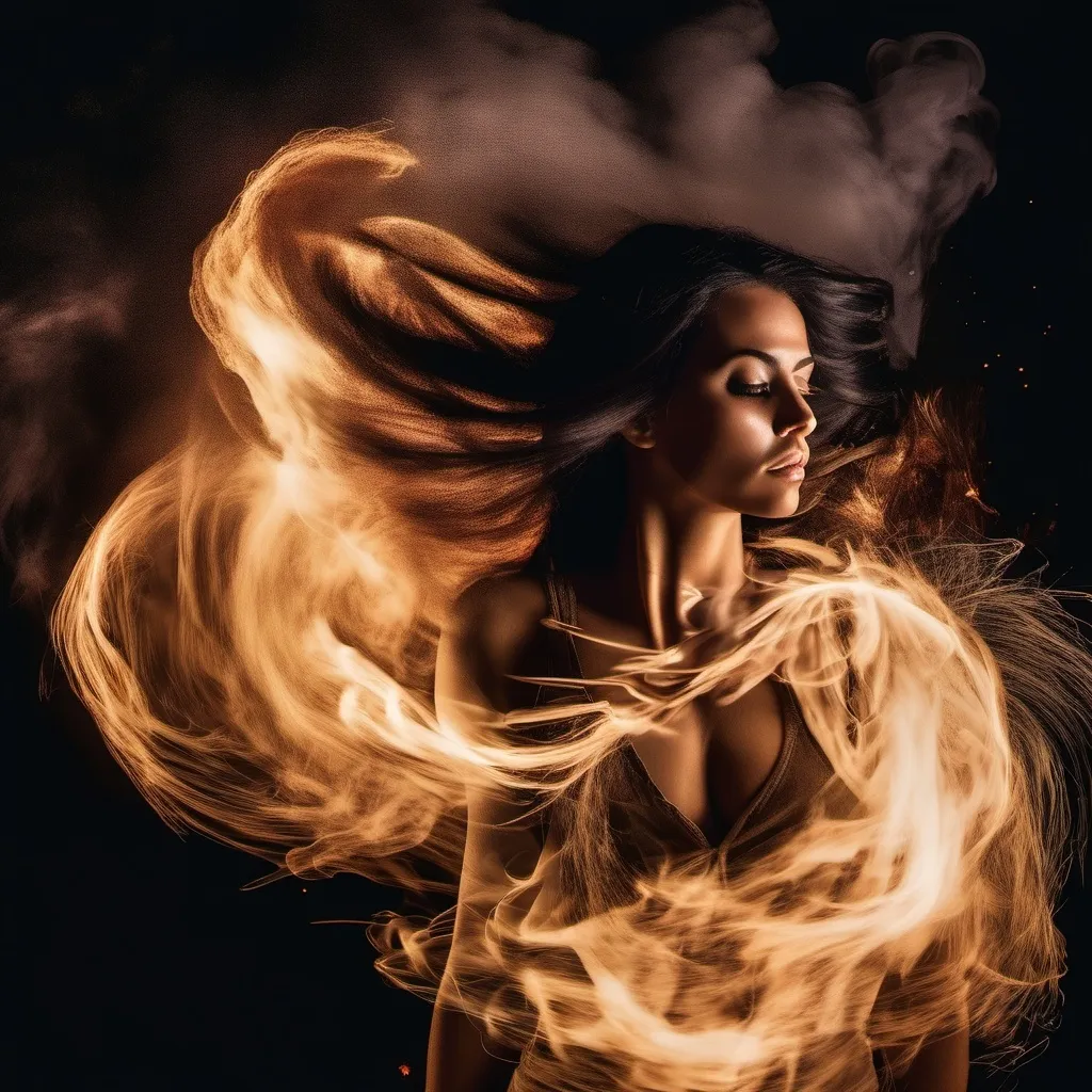 Prompt: Hair in motion, captured with long exposure photography Nikon D850 DSLR camera f/4. ISO 200, torso apparition hovering over a smouldering campfire with dark smoke swirls rising in a vortex, black hair, spilling out in the updraft and swirling in the vortex with the smoke, night, stars and clouds in the sky.