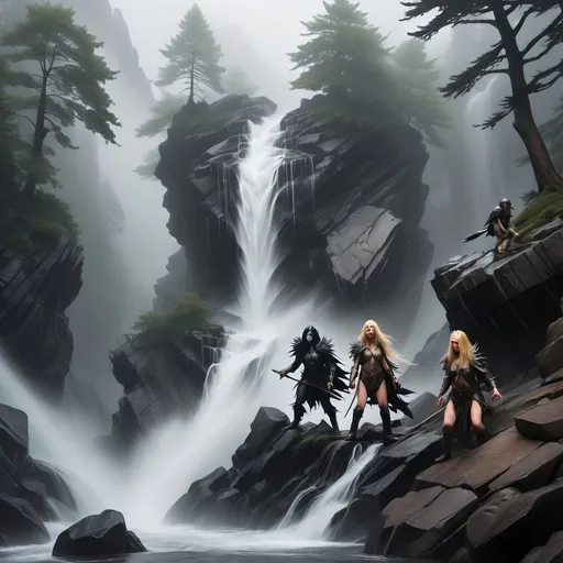 Prompt: Top of a misty torrential waterfall looking down  a rugged, rocky cliff into a turbulent pool of rocks, mist and spray. Dark, gnarly original growth hemlock trees.
A blonde human female in chainmail and a horned helmet, a raven haired human female clad in black, a male halfling, a female halfling, a brown haired female half elf, and a goblin, are all climbing the rocks.
As they climb to the top of the waterfall, the goblin falls and is lost in the mist and water below.