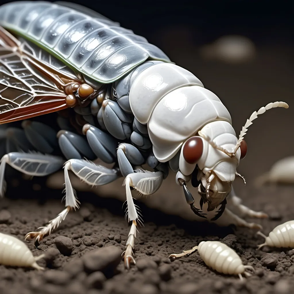 Prompt: A giant bloated gray-white cicada larva emerging from the ground with its proboscis extended, feeding on a down horse, ultra realism, ultra detail, high definition, high resolution, gothic, fantasy,