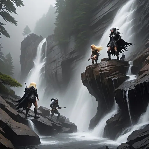 Prompt: Top of a misty torrential waterfall looking down  a rugged, rocky cliff into a turbulent pool of rocks, mist and spray. Dark, gnarly original growth hemlock trees.
A blonde human female in chainmail and a horned helmet, a raven haired human female clad in black, a male halfling, a female halfling, a brown haired female half elf, and a goblin, are all climbing the rocks.
As they climb to the top of the waterfall, the goblin falls and is lost in the mist and water below.