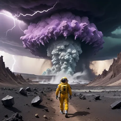 Prompt: Distant astronaut in survival suit carrying backpack and bags, walking away from Crater,
Lightning, tornadoes, massive storm
Crater, crashed space frigate, burning debris, black smoke rising,
Yellow quartz desert, dark sky, swirling gray, green and blue clouds.
Distant mountains made entirely of amethyst crystal