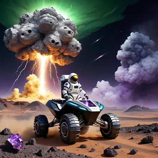 Prompt: Meteor shower,
Humanoid robot in 8 wheeled solar powered ATV rover,
Astronaut in survival suit carrying backpack and bags, walking away from Crater,
Lightning, tornadoes, massive storm
Crater, crashed space frigate, burning debris, black smoke rising,
Yellow quartz desert, dark sky, swirling gray, green and blue clouds.
Distant mountains made entirely of amethyst crystal