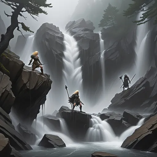 Prompt: Top of a misty torrential waterfall looking down  a rugged, rocky cliff into a turbulent pool of rocks, mist and spray. Dark, gnarly original growth hemlock trees.
A blonde human female in chainmail and a horned helmet, a raven haired human female clad in black, a male halfling, a female halfling, a brown haired female half elf; are all climbing the rocks.
As they climb to the top of the waterfall, a goblin falls and is lost in the mist and water below.