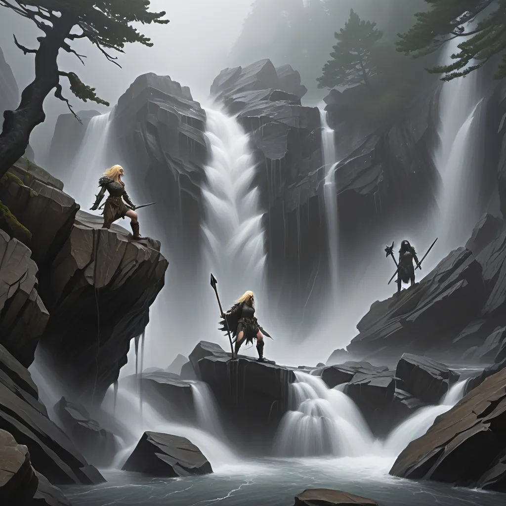 Prompt: Top of a misty torrential waterfall looking down  a rugged, rocky cliff into a turbulent pool of rocks, mist and spray. Dark, gnarly original growth hemlock trees.
A blonde human female in chainmail and a horned helmet, a raven haired human female clad in black, a male halfling, a female halfling, a brown haired female half elf; are all climbing the rocks.
As they climb to the top of the waterfall, a goblin falls and is lost in the mist and water below.