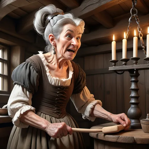 Prompt: Elderly woman, toothless, menacing, dressed in ragged peasant clothing, serving wench, gray hair in a bun on top of her head, grimacing and holding a wooden rolling pin in a threatening manner; inside an English Tudor style Inn, candle chandeliers and wall sconces, rustic wood paneling, ultra realistic, ultra detailed, highest resolution.