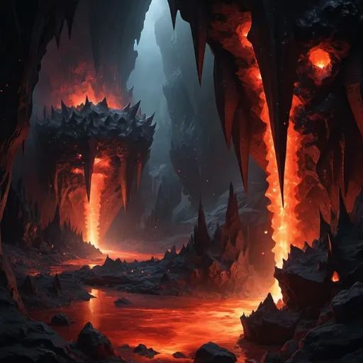 Prompt: Dark cavern, classic fantasy atmosphere, massive chamber lit by distant magma, two young Black Dragons hatchlings voraciously devour their siblings as they hatch from their clutch of seven eggs, stalagmites, columns, stalagtites, soda straws, a crystal formations erupting from the walls, floor, & ceiling, which is so high up it can barely be viewed, the dim red glow of the distant magma reflects from the various facets of the crystal formations as it passes through the steam vents billowing up from below.