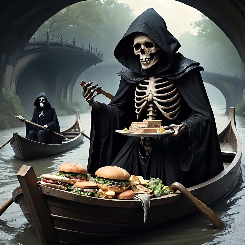 Prompt: (Dark, gothic, infernal, River Styx, Hades;) (Charon, skeletal boat master in a black robe with hood, of the river Styx); escorts a (goblin dressed in ragged dirty clothing who resembles Richard Nixon), to meet with his master on the lower planes, Charon is eating an awesome sandwich that his wife made for him for lunch, and offers a sandwich to the goblin in ratty ragged clothing who resembles Richard Nixon.
Scary, high resolution, ultra detailed, menacing, foreboding, ominous,