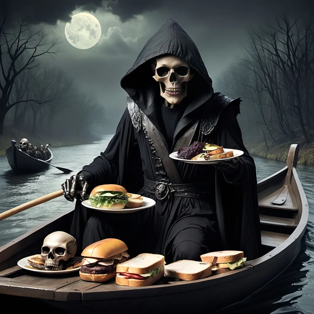 Prompt: (Dark, gothic, infernal, River Styx, Hades;) (Charon, skeletal boat master in a black robe with hood, of the river Styx); escorts a (goblin dressed in ragged dirty clothing who resembles Richard Nixon), to meet with his master on the lower planes, Charon is eating an awesome sandwich that his wife made for him for lunch, and offers a sandwich to the goblin in ratty ragged clothing who resembles Richard Nixon.
Scary, high resolution, ultra detailed, menacing, foreboding, ominous,