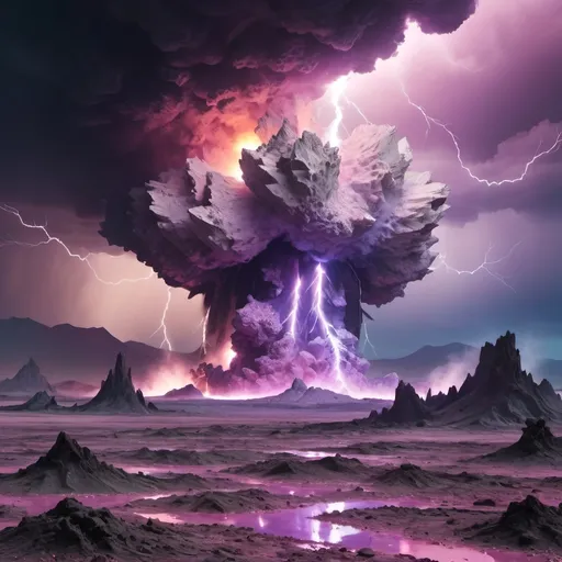 Prompt: Lightning,
Crater, crashed space frigate, burning debris, black smoke rising,
Yellow quartz desert, pink sky, swirling gray, green and blue clouds.
Distant mountains made entirely of amethyst crystal