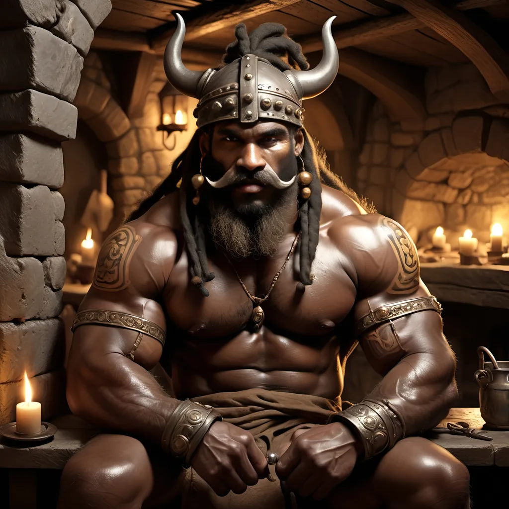 Prompt: [ Grugor the Barbarian ]
In medieval Taverne, lit by candles in wall sconces, stone walls,
Male Barbarian, dark complected African, large moustache, long beard, slight build but well muscled and wiry, agile, horned steel helmet with noseguard, dreadlocks with gold clasps, covered with tribal tattoos, gold earrings, stretched lobes, tall, black leather greaves and spiked gauntlets, brown leather boots with fur fringe at top, gothic, fantasy, longsword and daggers, ultra realism, ultra detail, high definition, friendly but determined expression, intimidating but not menacing, tall and skinny, in Tudor style taverne background,