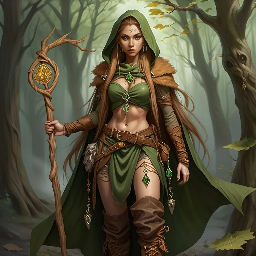 Prompt: Woman, female half elf, ruddy medium complexion, light brown long straight hair, bound with multiple clasps in a really long pony tail; jewelry, earrings, tattoos of sacred runes, golden brown eyes, holding gnarled staff of bleached wood with a gem set into the top, leaf green cloak and hood, brown belt and pouches, brown boots, dagger and wand secured to belt, tan leather corset, highest resolution, gothic, fantasy, ultra detail, ultra realism, dark wood of ancient gnarled trees in background