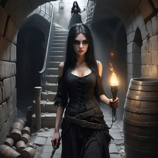 Prompt: A female human with long straight black hair and brown eyes and dressed in black and carrying a lit torch,
Gothic, fantasy, dark, menacing, abandoned, dirty narrow ancient stone stairwell covered in dust and cobwebs leading to a stone subcellar/dungeon filled with casks and kegs and debris, and one woman's shoe,
Ultra detail, ultra realism, high definition