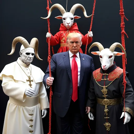 Prompt: Dark,  gothic, demonic; a 'horned Donald Trump puppet on strings' being controlled by a 'horned satan puppet on strings' being controlled by a 'horned pope puppet on strings', being controlled by a 'horned Vladimir Putin puppet on strings', being controlled by Xi of China, who holds ALL THE STRINGS.
Goats, lots and lots of goats...