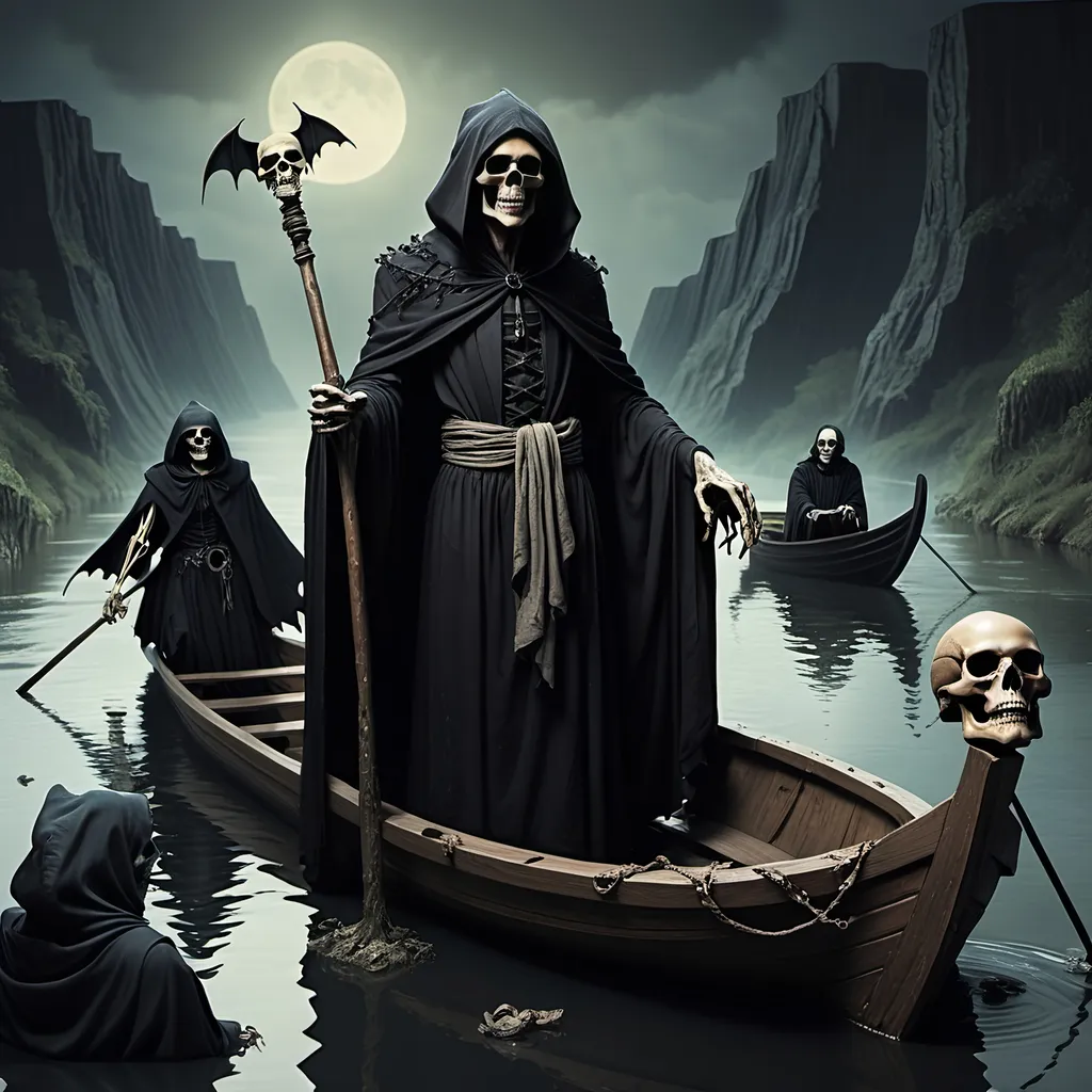 Prompt: (Dark, gothic, infernal, River Styx, Hades;) (Charon, skeletal boat master in a black robe with hood, of the river Styx); escorts a (goblin dressed in ragged dirty clothing who resembles Richard Nixon), to meet with his master on the lower planes,