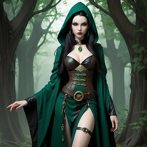 Prompt: [ Jade the Elf Sorceress ]
Woman, petite, slight, pale skin, elven ears, vivid green eyes, long straight waist-length black hair, 5 feet tall, slender, dark teal hooded robe, dark green dress, black leather corset, brown belt, sorceress, gold earrings and jewelry, tan pouches and bundles at waist, gothic, fantasy, high definition, ultra detail, ultra realism, gnarled ancient forest in background, obscured by mists