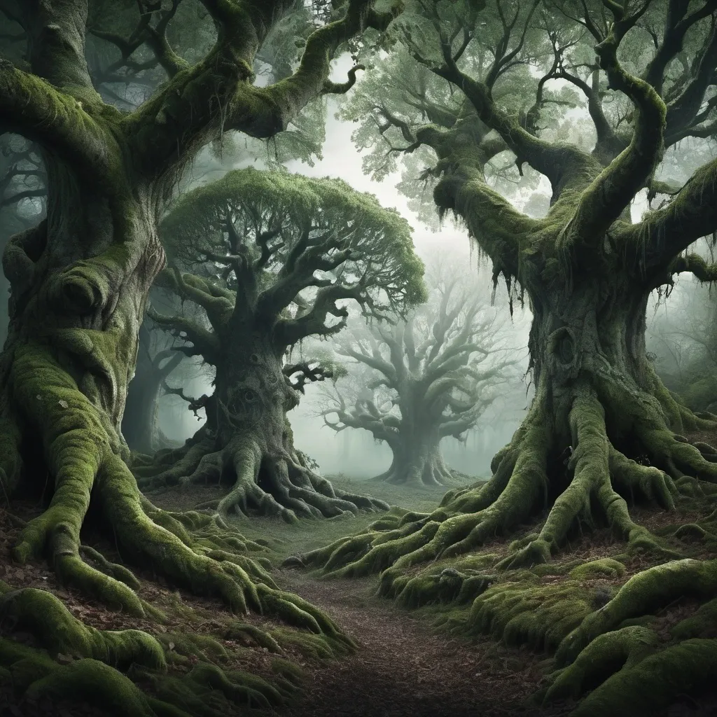 Prompt: Fantasy, dark and gloomy original growth forest with huge gnarly oak and chestnut trees and twisted lichen covered roots everywhere, beneath an overgrown green foliage canopy with dark sinister shadows everywhere