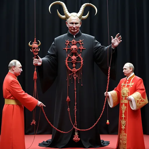 Prompt: Dark,  gothic, demonic; a 'horned satan puppet on strings' being controlled by a 'horned pope puppet on strings', being controlled by a 'horned Vladimir Putin puppet on strings', being controlled by Xi of China, who holds ALL THE STRINGS.