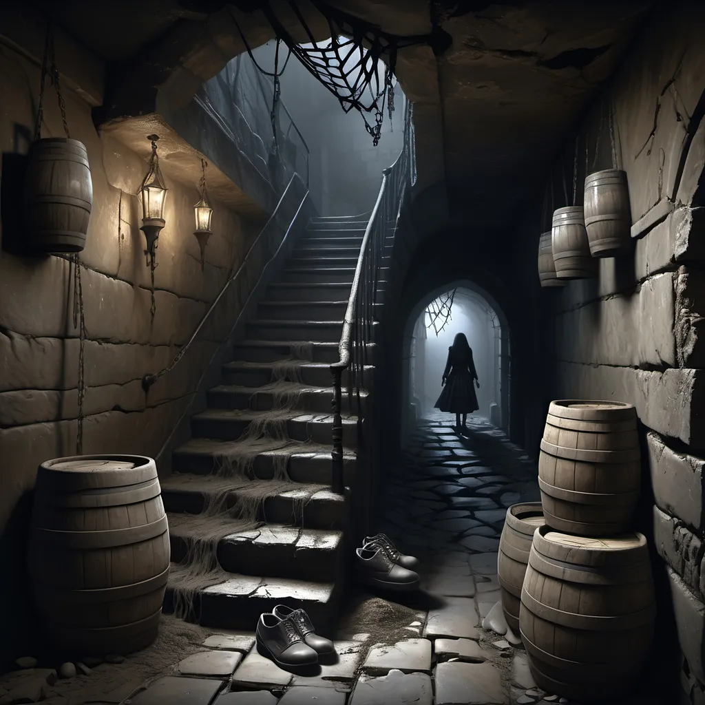 Prompt: Gothic, fantasy, dark, dark shadows, blackness, huge spider webs, ominous, menacing, abandoned, dirty narrow ancient stone stairwell covered in dust and cobwebs leading to a stone subcellar/dungeon filled with casks and kegs and debris, and one woman's shoe,
Ultra detail, ultra realism, high definition