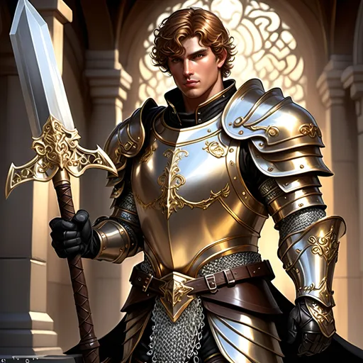 Prompt: [Armando the Golden]
Male paladin, (ultra-detailed) (ultra-realism), brown wavy short cropped hair, rosy cheeks, brown eyes, (bright silver steel breastplate) with (gold inlay and filigree), (shiny steel chainmail shirt), black boots with (sparkling shiny spurs), carrying a huge (double-ended war hammer), dramatic lighting, epic stance, medieval fantasy background, grand atmosphere, (HD quality) pompous, arrogant demeanor and stance, tall, 'broad like a barn', wide shoulders, built like a tank, iconoclastic narcissist,
Resembles Mike Pompeo.